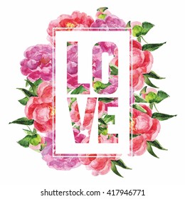 Vector floral card with letter love. Vintage print background with flowers and leaves.