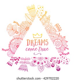 Vector floral card made of flowers in triangle shape. Wedding invitation. Frame for logo, label or greetings.