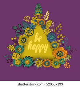 Vector floral card made of flowers in triangle shape. Wedding invitation. Frame for logo, label or greetings. Doodle floral design. Flowers design with place for your message