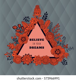 Vector floral card made of flowers in triangle shape. Wedding invitation. Frame for logo, label or greetings. Doodle floral design. Flowers design with place for your message
