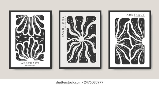 Vektorgrafik Blumenkarte Vorlagen Kollektion mit abstrakten handgezeichneten Blumen isoliert auf grauem Hintergrund. Modernes trendiges Matisse Illustrationsdesign für Plakatdruck, Banner
