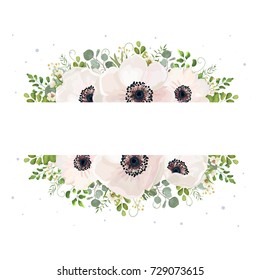 Vector floral card watercolor design: garden powder white pink Anemone flower Eucalyptus branch green fern wax flowers greenery leaves berry drawn rustic romantic border frame wedding invite, postcard