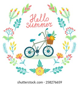 Vector floral card with wreath from flowers, berries, leaves, branches, bicycle and text "Hello summer". Bright childish background.