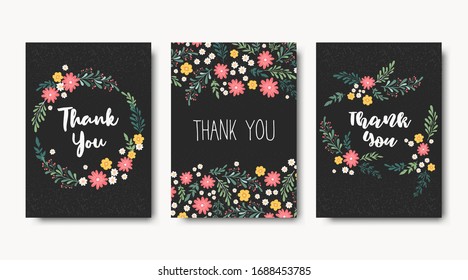 Vector floral cards collection with hand drawn Thank You lettering and colorful small flowers on dark background