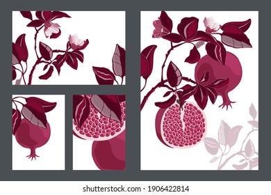 Vector floral cards, templates. Pomegranate tree with maroon fruits and leaves. Ripe pomegranates with grains and flowers isolated on a white background. svg