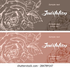 Vector floral cards in two color various, with engraved rose flowers and handwritten calligraphy inscription - Invitation.  