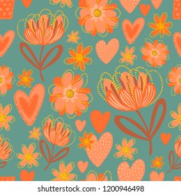 Vector floral cartoon pattern on green. Seamless pattern with beautiful flowers in orange tones. Perfectly for wrapping paper, bed linen, textile, fabric, cover, wallpaper, fashion, kids clothing.