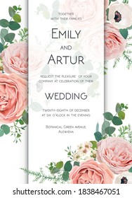 Vector floral chic wedding invite card design. Blush peach, lavender vintage rose, white anemone, wax flowers, Eucalyptus greenery leaves & green forest fern bouquet. Stylish watercolor frame template