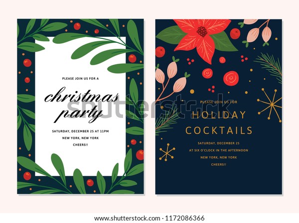 Vector Floral Christmas Invitations. Cocktail\
Party Template
