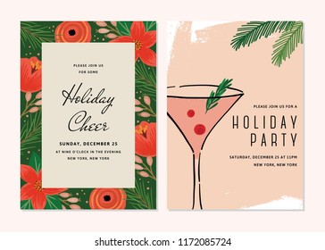 Vector Floral Christmas Invitations. Holiday Party Template Collection