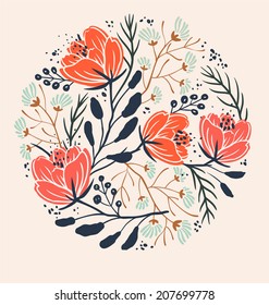 vector floral circle with blooming poppies and abstract plants