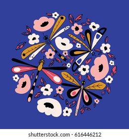 Vector floral circle with dragonflies,  leaves and fantasy flowers.
