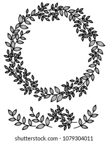 Vector floral  circle frame and branch elements, black  branches with leaves silhouette isolated on white.