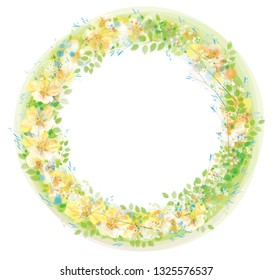 Vector  floral  circle  frame. Fowers and leaves, bokeh effect isolated on white.