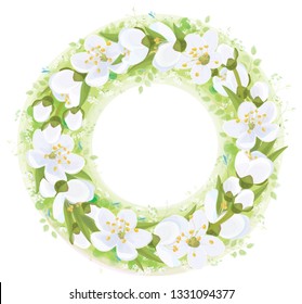 Vector  floral  circle  frame. White flowers and leaves, isolated on white.