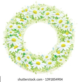 Vector  floral  circle  frame. White  daisy flowers and leaves, isolated on white.