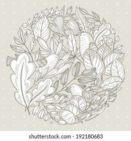 vector floral circle with hand drawn leaves and birds