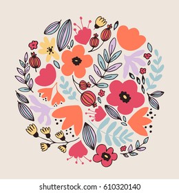 Vector floral circle with leaves and fantasy flowers.