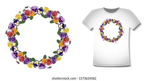 Vector floral circle wreath t-shirt print. Summer, spring candy colors. Illustration with preview t-shirt sample