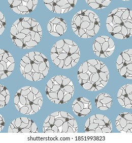 Vector Floral Circles in Gray White on Blue Background Seamless Repeat Pattern. Background for textiles, cards, manufacturing, wallpapers, print, gift wrap and scrapbooking.