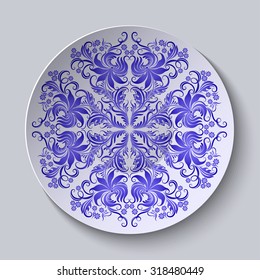 Vector floral circular plate with blue lace ornament. Decorative ceramic plate