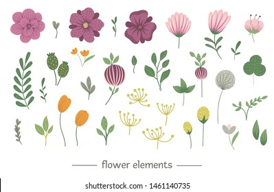 Vector floral clip art set. Flat trendy illustration with flowers, leaves, branches. Meadow, woodland, forest elements isolated on white background