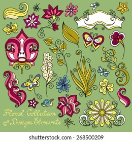Vector Floral Collection of Hand Drawn Design Elements. Flowers, Leaves, Badge, Butterflies, Midges, Dragonfly, Snail and Abstract Floral Elements