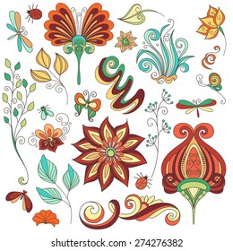 Vector Floral Collection of Hand Drawn Design Elements. Flowers, Leaves, Badge, Butterflies, Midges, Dragonfly, Snail and Abstract Floral Elements