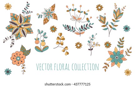 Vector floral collection with hand drawn flowers 