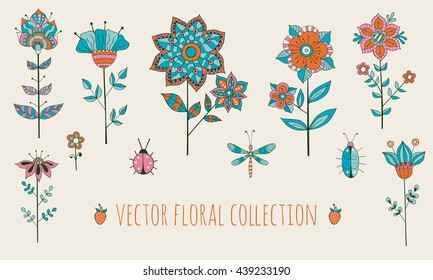 Vector floral collection with hand drawn flowers and insects