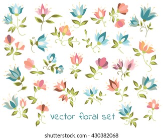 Vector floral collection with pink and blue flowers.