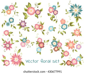 Vector floral collection with pink and blue flowers. 