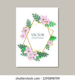 Vector floral collection poster with pink white flowers with leaves pattern in elegant frame. Beautiful abstract blooming spring for romantic decoration wedding marriage or dating card vintage design