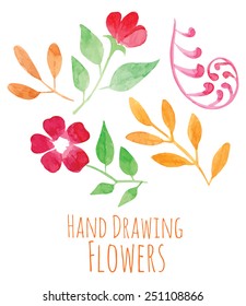 vector floral collection set - hand painted watercolor red flowers with green orange leaves
