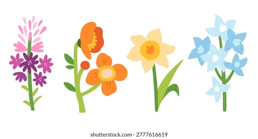 Vector floral collection with spring flowers. Colorful set of natural cartoon plants in cute flat style. Botanical illustration for greeting cards, design, prints and romantic projects