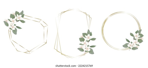 Vector floral collection for wedding design. Magnolia branch, gold frames 