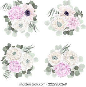 Vector Floral Collection. White roses, ranunculus, peony roses, anemones, pink dahlias, eucalyptus, green plants and leaves. Floral arrangements on white background 