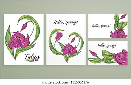 Vector floral color spring cards with flowers tulips Spring flower