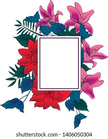 Vector floral colorful border template for invitation card design. Flowers and leaves gathered together to create eye-catching card design. - Vector