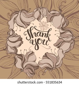 Vector floral colorful cute background with hand drawn lettering. Modern brush calligraphy with ink illustration. Thanksgiving phrase for your design. Thank you .