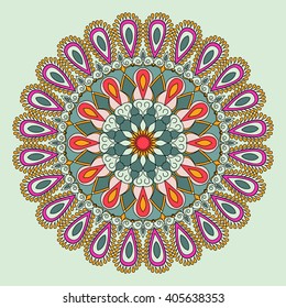 Vector floral colorful mandala. Beautiful design element in ethnic style. Indian, arabic, oriental motives. Ornamental zendala as example for coloring book for adults. Page for relax and meditation