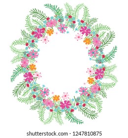 Vector floral colorful wreath on a white background. Perfect for stationary design, textiles, as tempalates for invitations, holiday celebrations and print on demand products.
