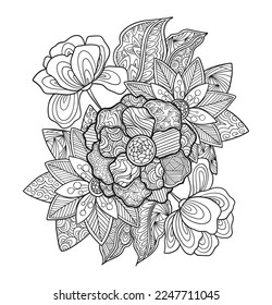 Vector floral colouring page for adults. Black and white colourless illustration with flowers for colouring book.