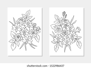 vector floral composition alstroemeria lily rose flower leaf bouquet coloring page line art outline