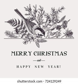 Vector floral composition with bird. Winter bouquet. Christmas card. Black and white. Botanical illustration with thuja, spruce, fern, larch and tit.