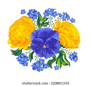 Vektorblumenkomposition mit Buttercups, Ranunculus, Pansien, Violas, Vergessen-me-nots. Eineinzeln auf weißem Hintergrund, Clipart Art. Design-Element für Postkarten, Kleidung, Muster, botanische Hintergründe