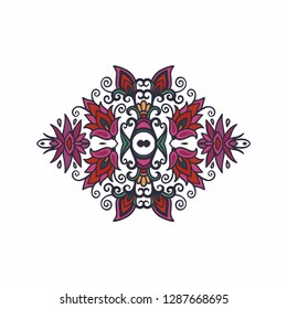 Vector floral composition with decorative stylized flowers, intricate stamp design, kalamkari