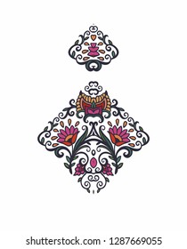 Vector floral composition with decorative stylized flowers, intricate stamp design, kalamkari