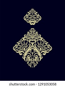Vector floral composition with decorative stylized flowers, intricate stamp design, kalamkari