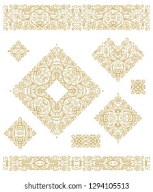 Vector floral composition with decorative stylized flowers, set of ornamental decorative rosettes, border ornaments